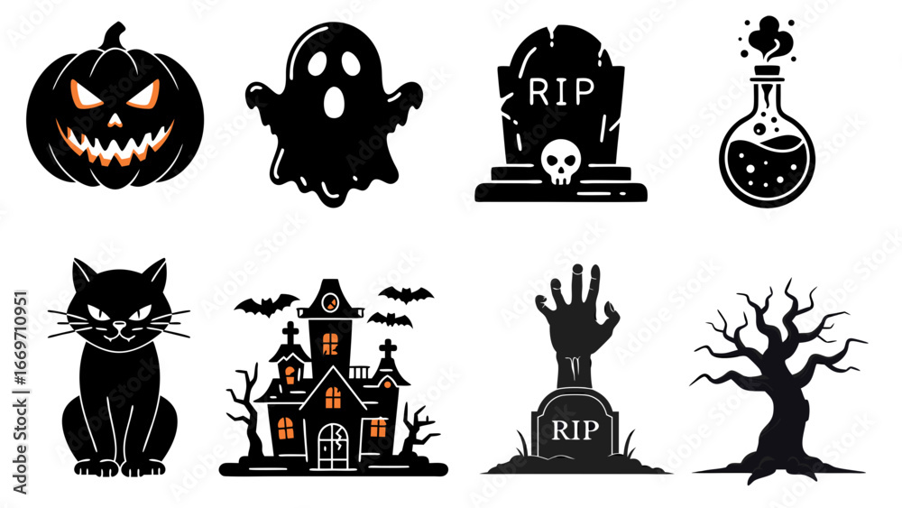 Obraz premium Collection of Spooky Halloween Icons Featuring Ghosts, Pumpkins, Cats, and Haunted Scenes