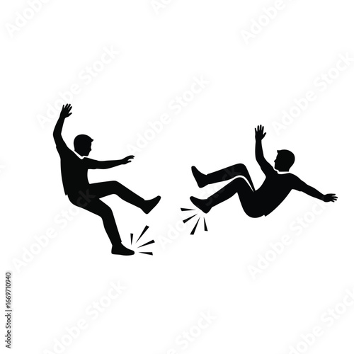Vector illustration of silhouette of two figures falling, one stumbling and the other in midair, representing accidents or slips