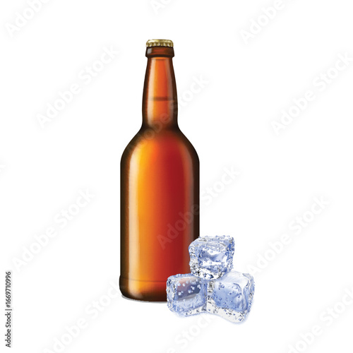 Vector realistic illustration of brown beer bottle isolated on white background. Beer template with ice cubes