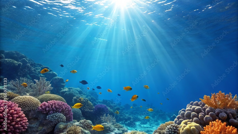 Naklejka premium Underwater coral reef scene illuminated by amazing sunlit rays penetrating crystal-clear blue water, vibrant corals in dazzling colors, and shimmering schools of tropical fish creating a breathtaking