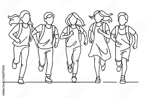 Energetic children running together with backpacks, concept of friendship and school days