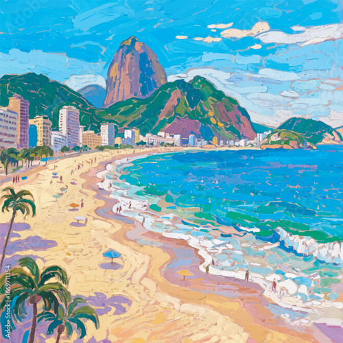 Copacabana Beach Rio de Janeiro Design Template with Sugarloaf Mountain Background Vector
