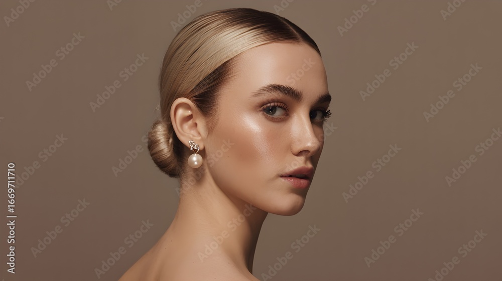 Fototapeta premium Elegant Portrait: A radiant blonde with a classic bun and elegant pearl earring showcases her beauty and poise. Capturing the essence of grace, beauty and sophisticated charm.