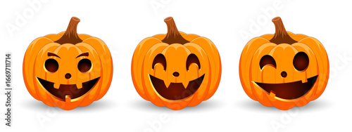 Set carved Halloween pumpkins with different scary faces isolated on white background. The main symbol of the Happy Halloween holiday. Vector illustration.