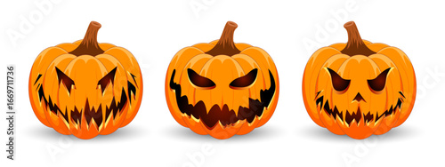 Set carved Halloween pumpkins with different scary faces isolated on white background. The main symbol of the Happy Halloween holiday. Vector illustration.