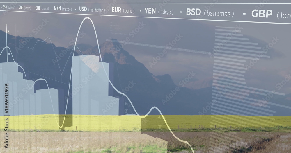 Fototapeta premium Overlaying bar chart, line graph across field by fence and mountain range, showing currency ticker