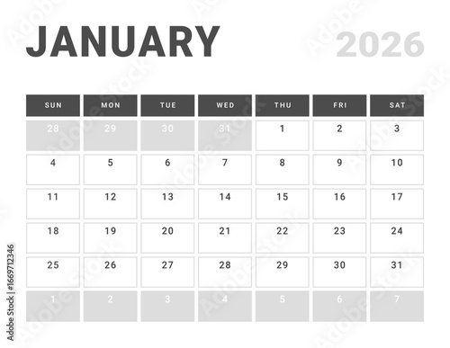 Monthly page Calendar Planner Template design of January 2026. Vector layout of calendar with week start Sunday for Scheduling. Page for size A4 or 21x29.7 cm