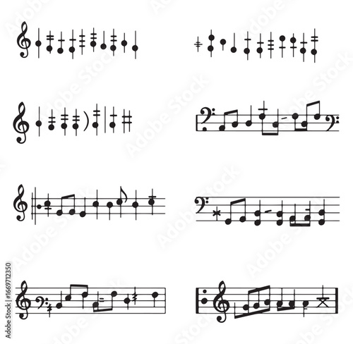 Black and white musical notation symbols on white background for educational design elements