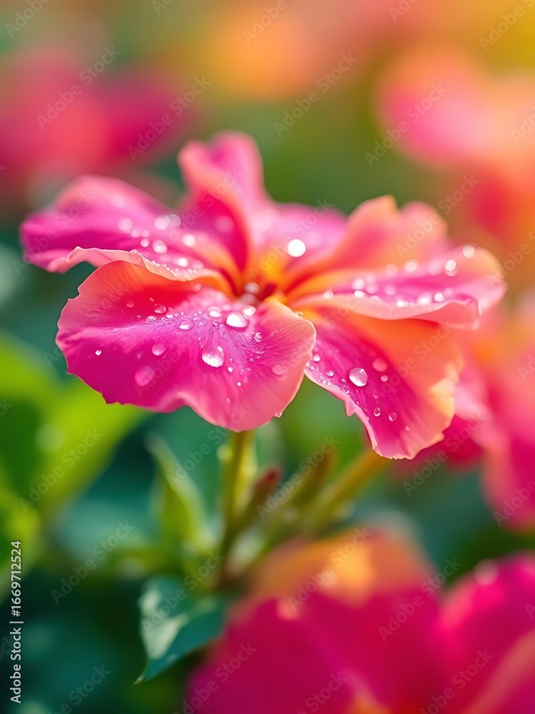 Obraz premium Macro photography of delicate flower in pink and orange tones with dewdrops. Perfect for freshness, nature visuals, and seasonal floral designs