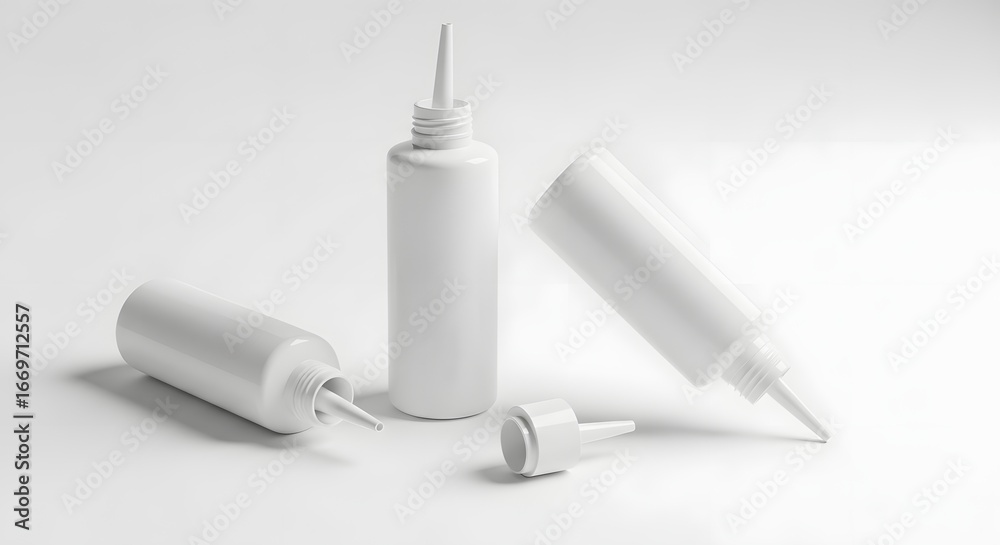 Fototapeta premium Three White Plastic Bottles with Dispensing Tips on White Background