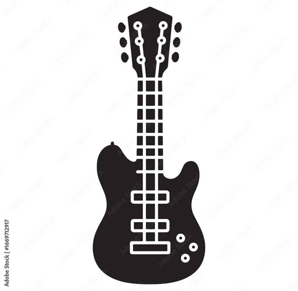Fototapeta premium Black and white vector illustration of a stylized electric bass guitar isolated on white