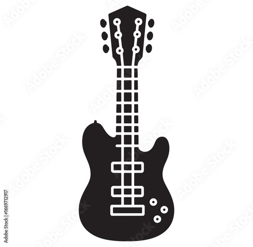 Black and white vector illustration of a stylized electric bass guitar isolated on white