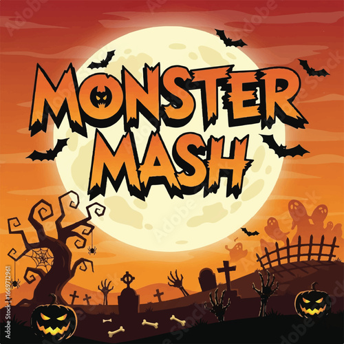 Halloween Monster Mash graveyard scene with moon, bats, ghosts, zombies, pumpkins.