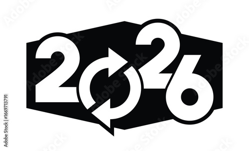 Bold black-and-white "2026" graphic design with interwoven star, modern abstract style, polygon frame, dynamic celebratory look, clean and minimalist, perfect for New Year themes.