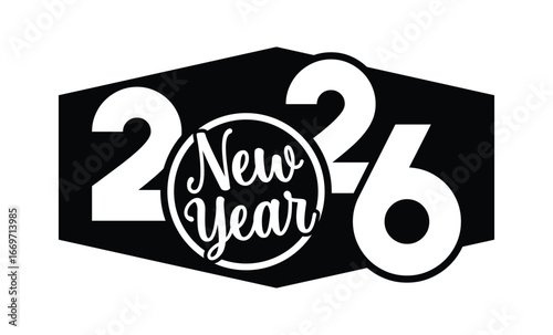 Minimalist black and white graphic design featuring bold "2026 new year" text in sans-serif font with layered 3D effect. Modern, clean, and impactful style on a pure white background.