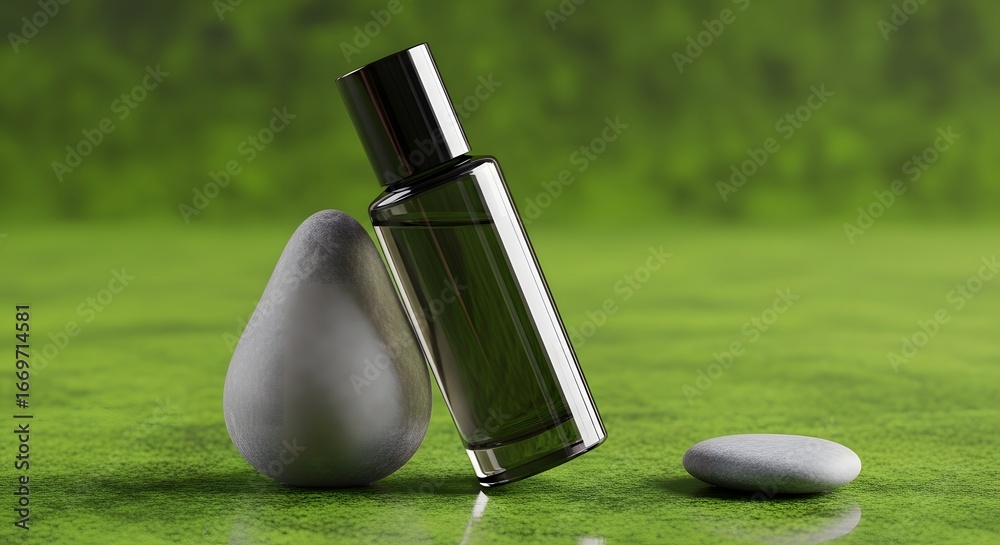 custom made wallpaper toronto digitalElegant Perfume Bottle Mockup on Green Grass with Zen Stones