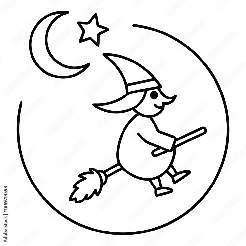Fototapeta premium witch flying under moon line art vector icon