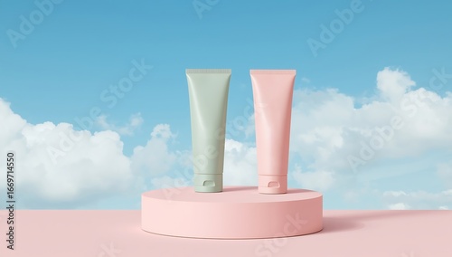 To pastel tubes of cream on, surrounded by pastel clouds. Minimalist product display.