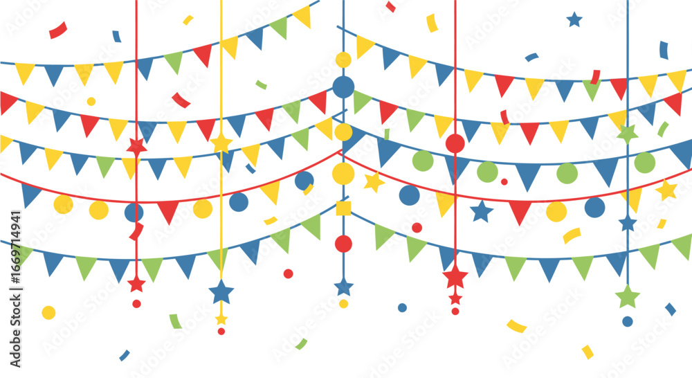 Fototapeta premium A fun and festive colorful vector illustration of paper streamers, confetti, and stars celebrating a happy holiday party