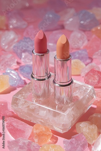 Two lipsticks, light peach and coral, on crystal-encrusted tray