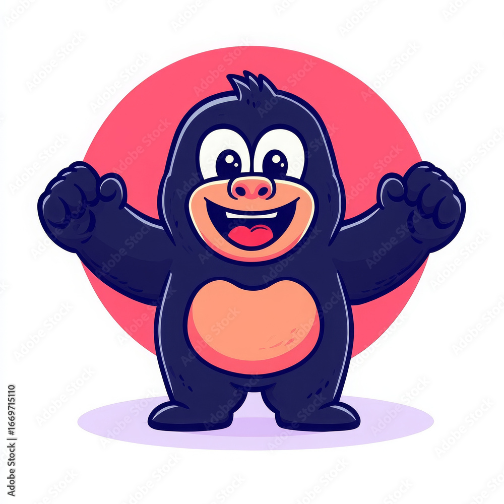 Fototapeta premium Cartoon gorilla, cheerful, standing, arms raised, pink background, playful, cute character