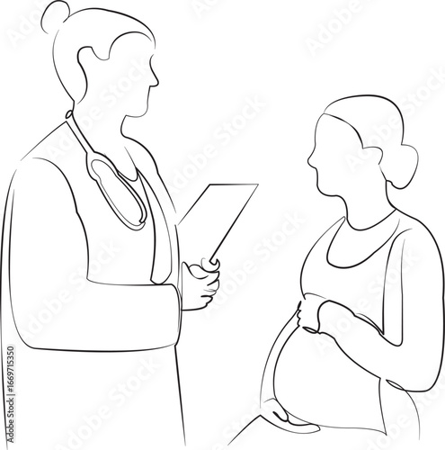 One continuous single drawing line art flat doodle woman, doctor, pregnant, hospital, patient, care, mother, indoor, adult. Isolated image hand draw contour on a white background, hand drawn, not AI
