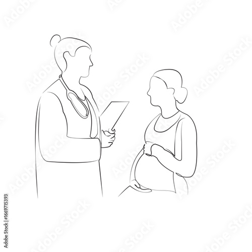 One continuous single drawing line art flat doodle woman, doctor, pregnant, hospital, patient, care, mother, indoor, adult. Isolated image hand draw contour on a white background, hand drawn, not AI