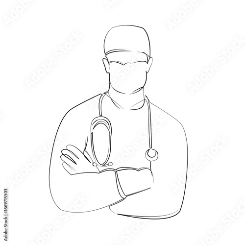 One continuous single drawing line art flat doodle surgeon, hospital, doctor, surgery, nurse, occupation, uniform, health care, man. Isolated image hand draw contour on a white background, hand drawn,