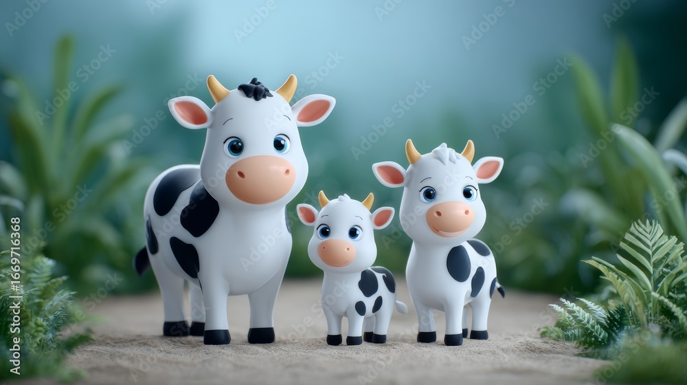 Naklejka premium Playful cartoon cows enchanted forest 3d animation lush greenery close-up view whimsical characters