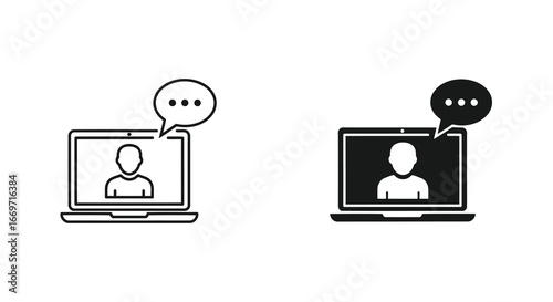 Vector illustration of two icons of a laptop with a person and speech bubble, one outline and one filled