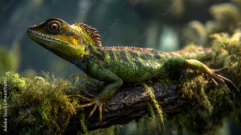 Fototapeta premium Vibrant green lizard with intricate scales rests on mossy branch, showcasing detailed texture and striking eye in lush forest setting