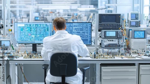 Engineer in lab coat analyzing electronic circuits on a workstation, oscilloscopes and measurement devices surrounding, bright laboratory environment