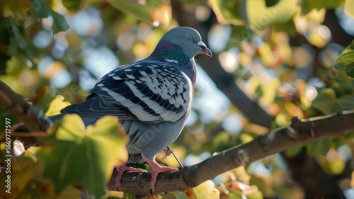 A pigeon perches on the branch of a tree, nature scene