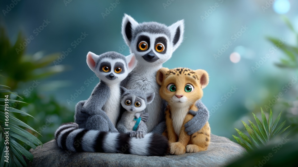 Obraz premium Family of animated lemurs and baby leopard in jungle digital art playful environment close-up view wildlife concept