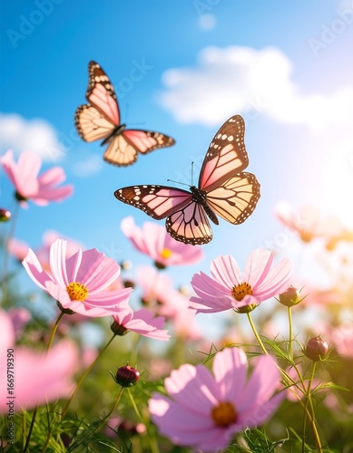 Two butterflies flit among pink cosmos flowers in a vibrant summer meadow