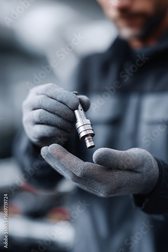 Precision engineer inspecting a machined metal component. Symbolizes manufacturing excellence, quality control,  skilled labor. Useful for industry, technology, or engineering themes.