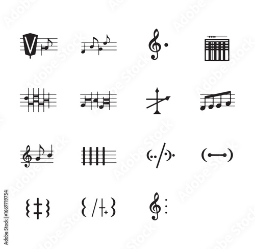 Minimalist musical symbols and notations in black and white vector illustration