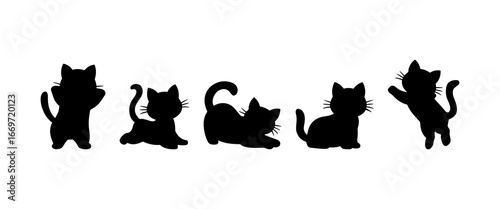 Silhouettes of playful cats in various poses against a white background