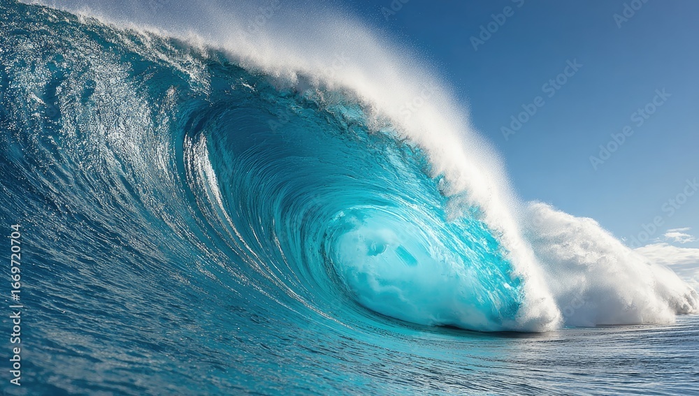 Obraz premium A powerful ocean wave crashes dramatically against the clear blue sky, showcasing a vibrant turquoise color in its peak.