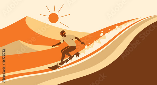 A sandboarder carves down a massive dune, kicking up golden sand under a sun. This retro-style graphic uses a warm, limited color palette to capture the thrill and heat of the desert sport.