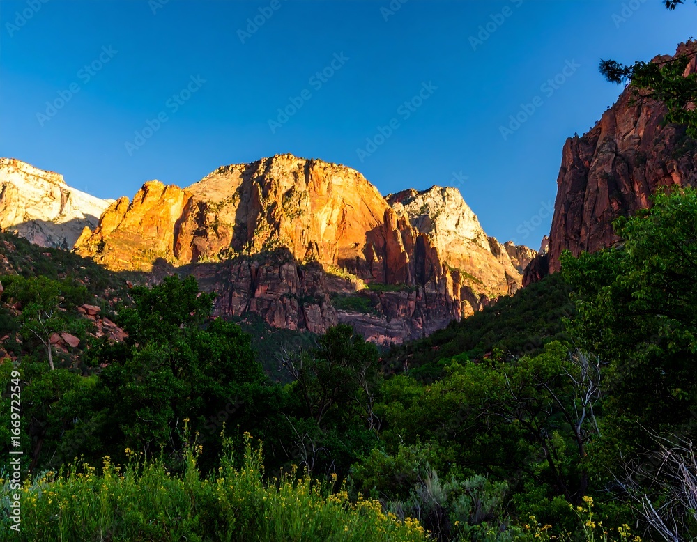 Obraz premium Sunrise over a canyon with colorful rock formations