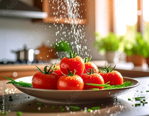 Red tomatoes on a plate, being sprinkled with salt, in a kitchen setting