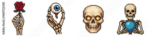 Halloween pixel art features skeleton hand holding rose and eyeball with skull and skeleton holding blue orb in spooky style