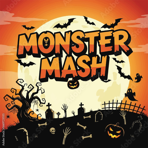 Halloween-themed illustration featuring a monster mash with bats, pumpkins, and a graveyard scene.