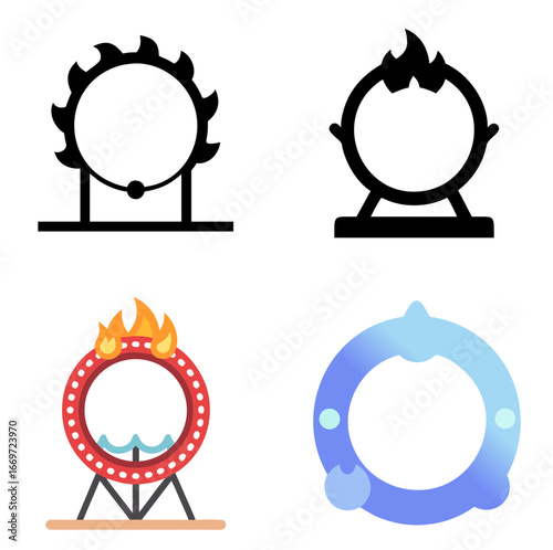 Circus Ring of Fire icon set – performance, stunt, entertainment, show, fire, daring, minimal icons collection