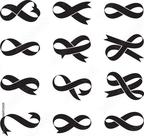 Collection of black infinity ribbons symbolizing awareness and support