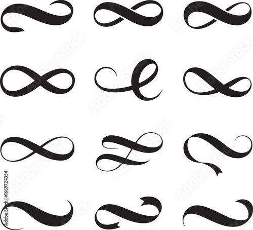 Collection of elegant black infinity symbols with decorative flourishes and swirls