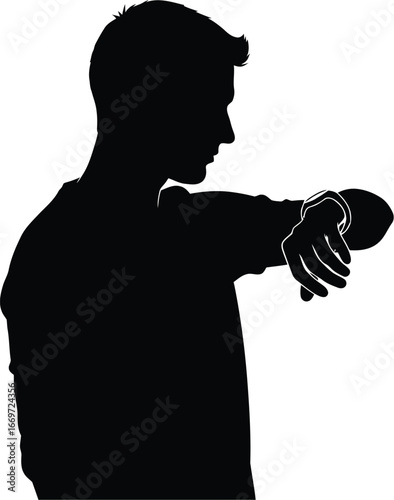 Silhouette of a man checking his watch, looking at the time, and waiting for an appointment