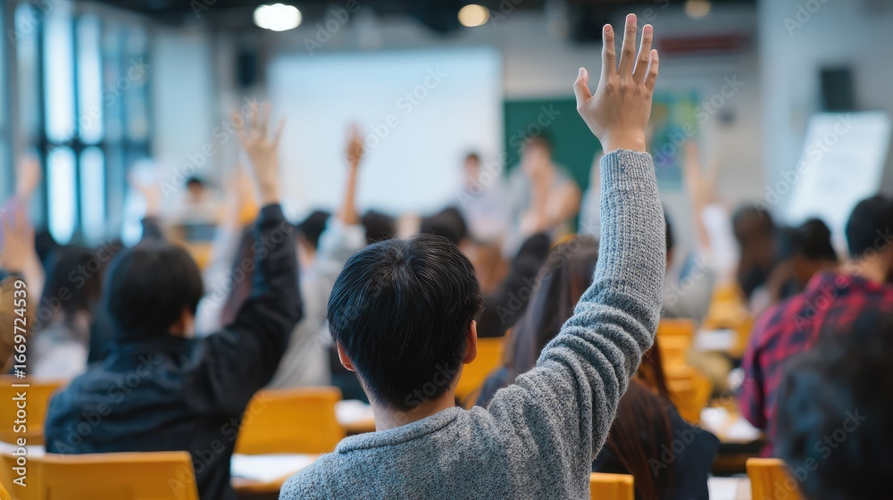 Naklejka premium Young child actively raising hand to answer question in classroom. Demonstrating attention seeking, participating in educational process, and demonstrating knowledge.
