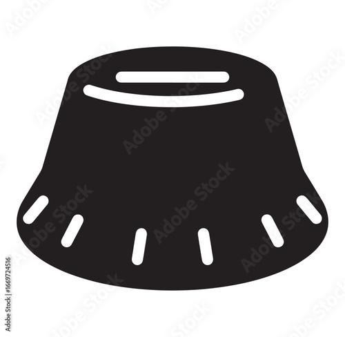 Simplified black and white graphic depicting a bucket hat fashion headwear accessory design